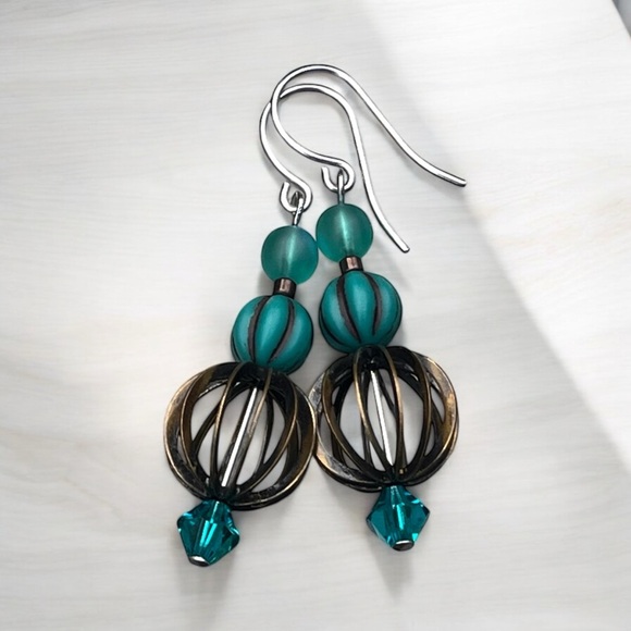 Hand crafted Teal and Brass Earrings - Picture 3 of 10